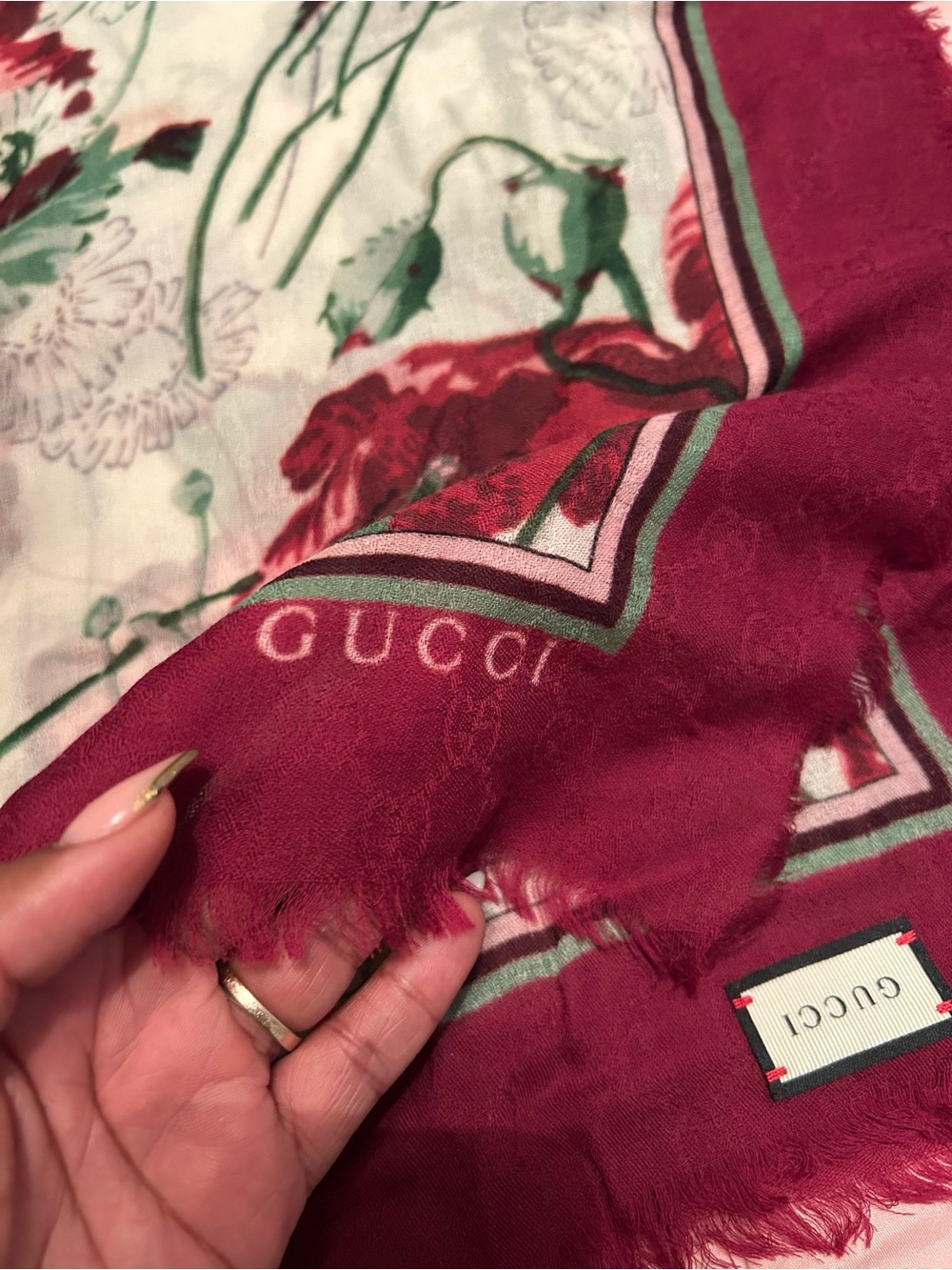 GUCCI Floral Deep Love Scarf - Wine, Green & Off White